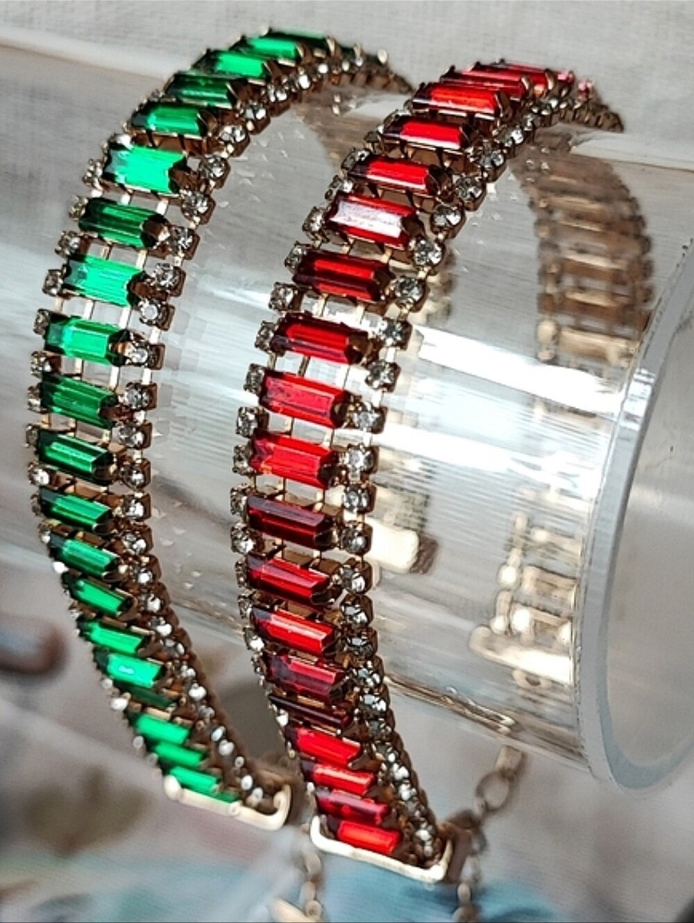 2 Guess Brand Red and Green Emerald Stones Baguette Gold Tone Y2K Bracelets